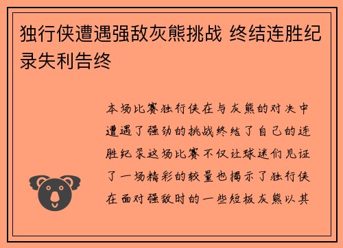 独行侠遭遇强敌灰熊挑战 终结连胜纪录失利告终